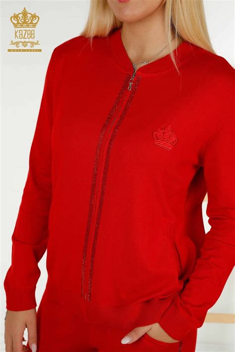 Großhandel Damen-Trainingsanzug-Set - Reißverschluss - Rot - 30638 | KAZEE
