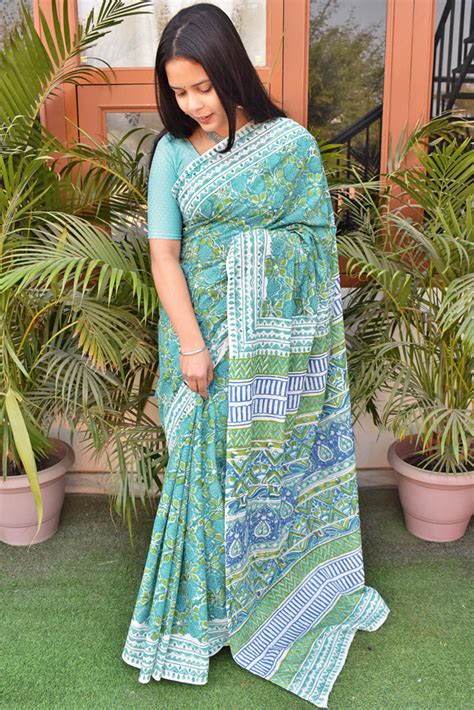 Beautiful Sanganer Hand Block Print Soft Cotton Saree – India1001.com