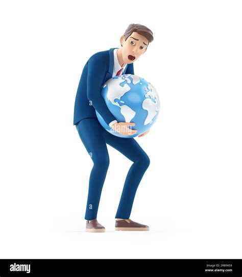 3d cartoon businessman lifting heavy earth, illustration isolated on ...