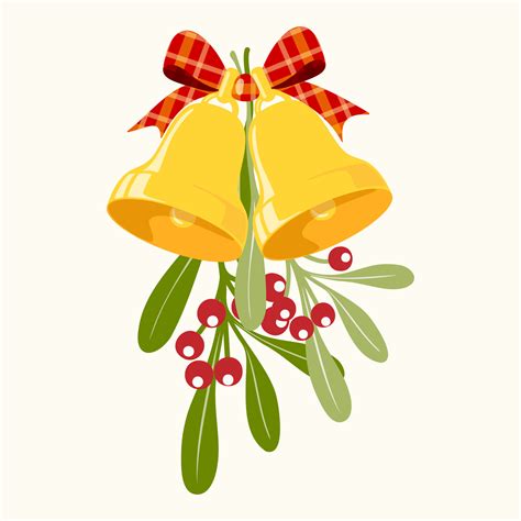 Clip art of Christmas bells with mistletoe branches, leaves and red ...