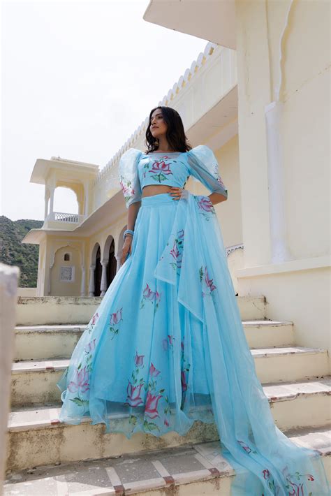 Clearwater Blue Brush Paint Lehenga Set – Ragavi