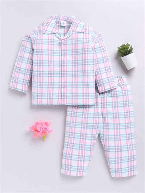 Pink Cotton Woven Checked Full Sleeve Night Suit – Clt.s