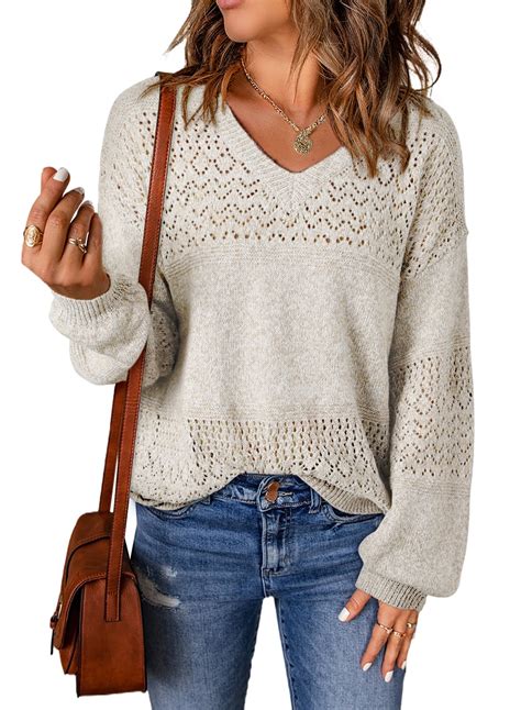 Eytino Women Sweater Crochet Sweater Lightweight V Neck Knit Sweaters ...