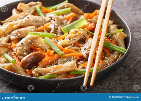 Stir-fry with Shiitake and Oyster Mushrooms, Spices, Hot Peppers, Dark ...