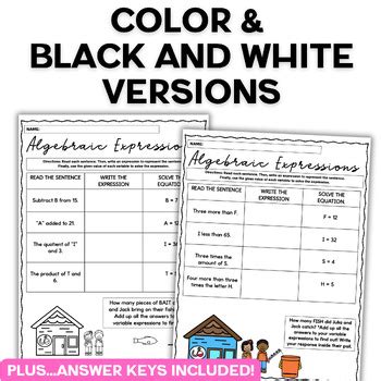 Evaluating Algebraic Expressions Fifth Grade Math Worksheets EDITABLE