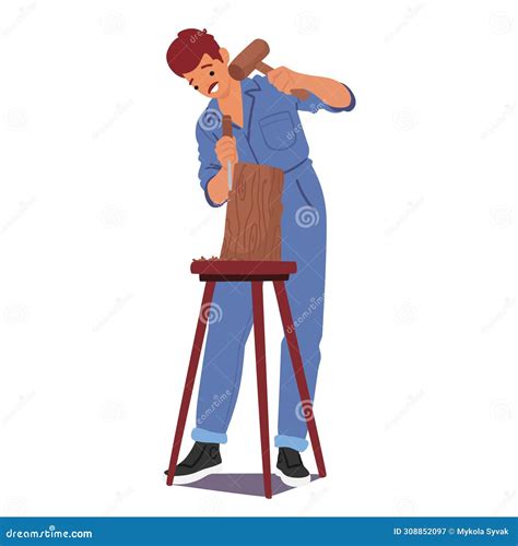 Young Sculptor Ho Shapes Wood into Three-dimensional Artwork. Male ...