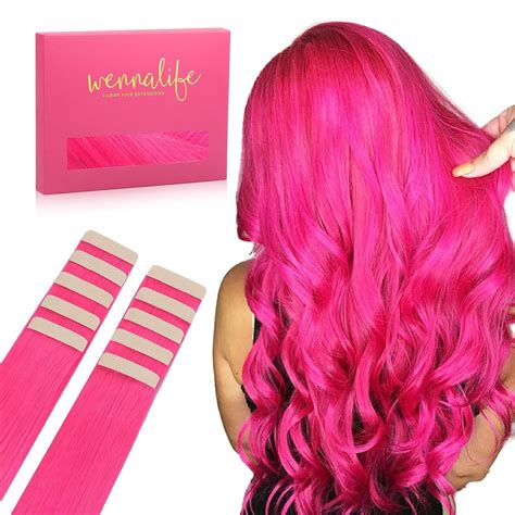 Amazon.com: Wennalife Tape in Hair Extensions Human Hair Hot Pink Tape ...