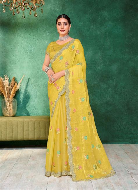 Laxmipati Mangla Gauri Yellow Tissue Organza Saree with Floral Embroid