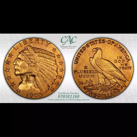 1908-S $5 Gold Indian Head Half Eagle CACG XF 45 CAC - Old Pueblo Coin