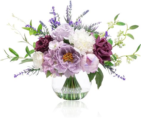 Artificial Flowers in Vase for Home Decor, Fake Lavender & Silk Peony ...