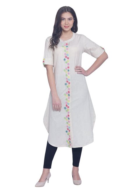 Get Curved Hem Detail Multicoloured Floral Embroidered Panel Kurta at ...