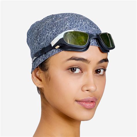 Adult Swimming Cap Mesh Printed Fabric Zebra White Black