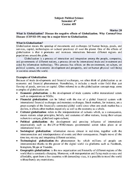 Globalization & Covid 19, 4th Semester-converted - Subject: Political ...