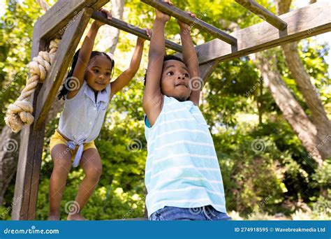 Low Angle View of African American Sister and Brother Hanging on ...