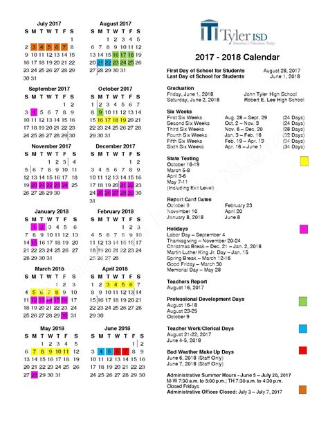 2017 - 2018 District Calendar | Tyler Independent School District ...