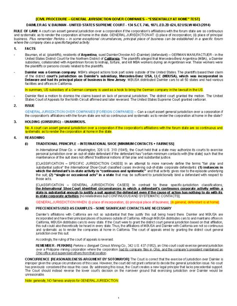 CIV PRO - Landmark Case Analysis: Daimler v. Bauman Insights - Studocu