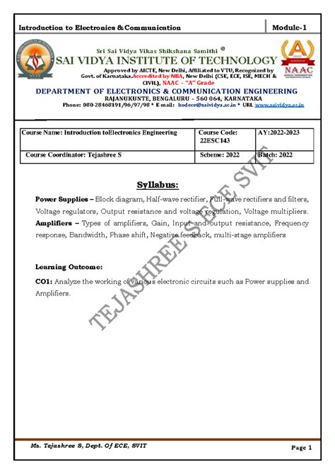22ESC143 Introduction to Electronics Engineering Module 1 Notes - Studocu