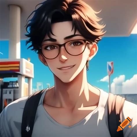 Anime man with glasses and kind smile, casual outfit with gas station ...