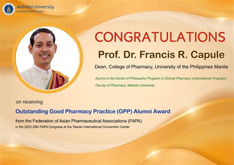 ศิษย์เก่าเภสัชมหิดลรับรางวัล Outstanding Good Pharmacy Practice (GPP ...