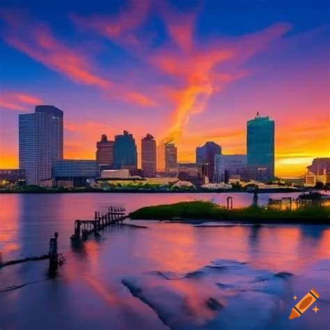 New orleans skyline spectacular glowing sunset sky on Craiyon