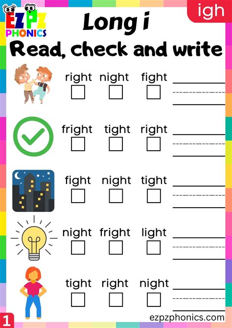 IGH Words Read, Check And Write Long I Phonics Worksheet - ezpzphonics.com