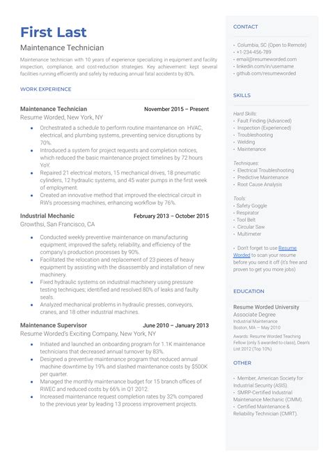 Maintenance Resume Example 的图像结果