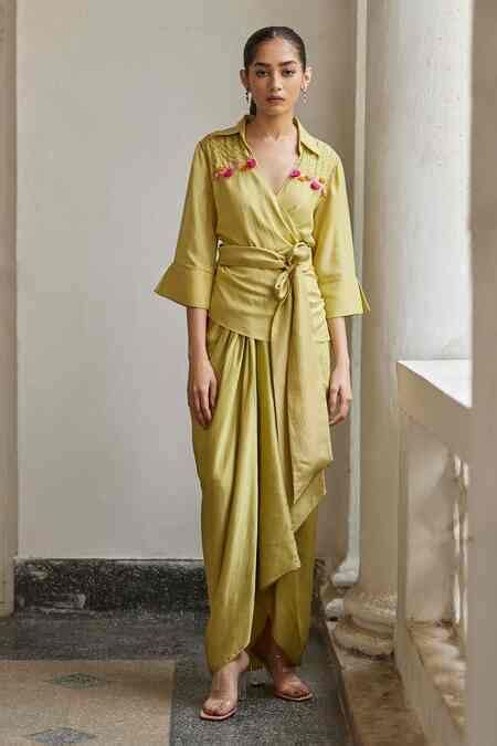 Buy Green Silk Embroidery Collared Wrap Shirt For Women by Betrue ...