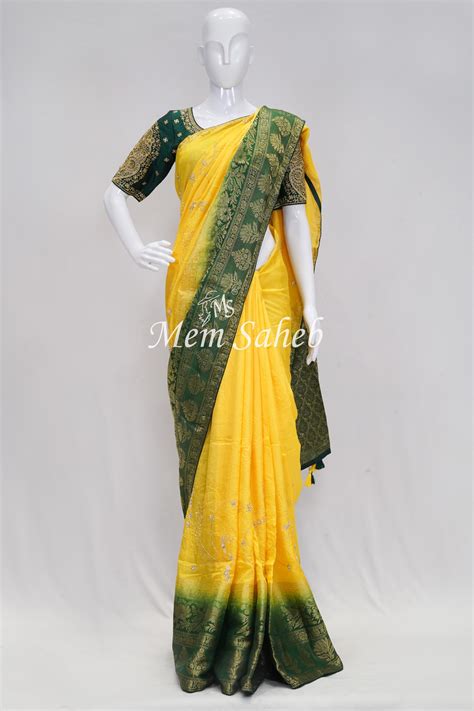 Saree Benarasi Yellow and Green Weaving Border Hand Embroidery pallu ...