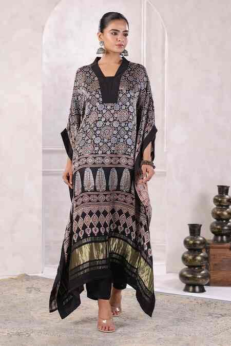 Buy Black Silk Embroidery V-neck Floral Block Print Kaftan With Pant ...