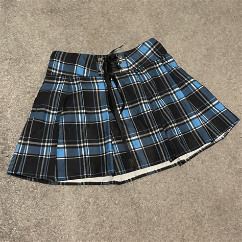 Blue and Black Plaid Pleated Mini Skirt Worn Once... - Depop