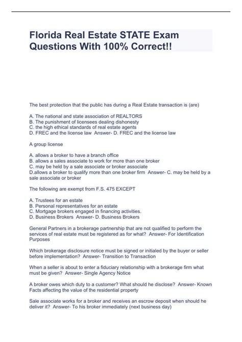 Florida Real Estate STATE Exam Questions With 100% Correct!! - Florida ...