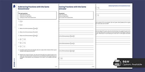 Subtracting Fractions with a like Denominator Worksheet | KS3