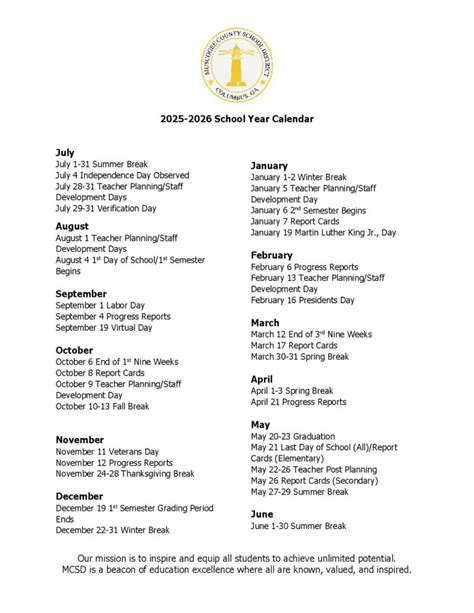 Muscogee County Schools Calendar 2025-2026 | MCSD Georgia
