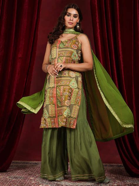 Buy Libas Art Green Woven Design Silk Blend Straight Sharara Suit Set ...