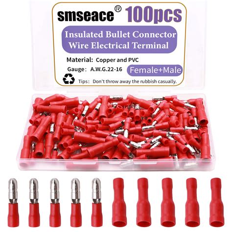 smseace 100PCS Female and Male Red Bullet Quick Splice Crimp terminals ...