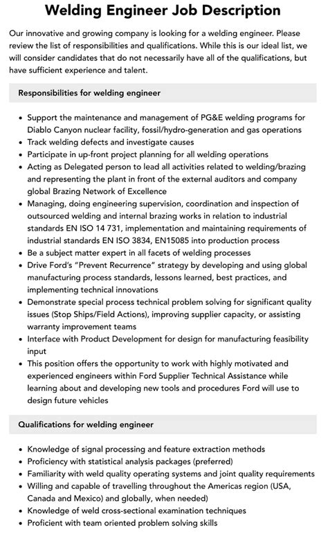 Welding Engineer -- JD / Job Description | PDF
