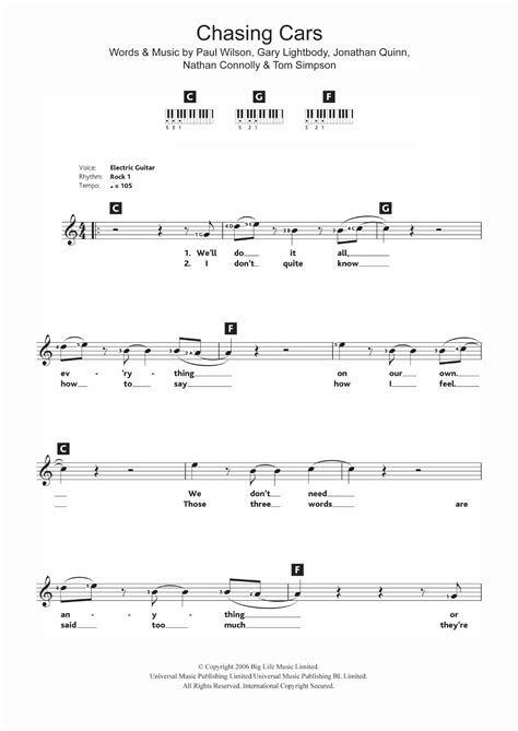 Chasing Cars by Snow Patrol Sheet Music for Piano Chords/Lyrics at ...