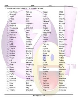 Internet Sites-Terms Alphabetical Order Worksheet | TPT