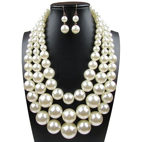 Yuhuan Faux Big White Pearl 3 Layer Chunky Necklace and Earrings Bib ...