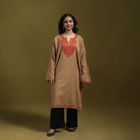 Brown Sozni Hand Embroidered Kashmiri Merino Wool Pheran