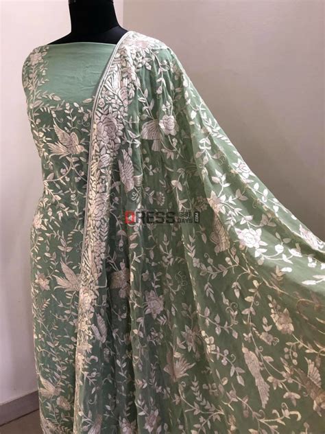 Sage Green Parsi Gara Hand Embroidered Suit (Three Piece) – Dress365days