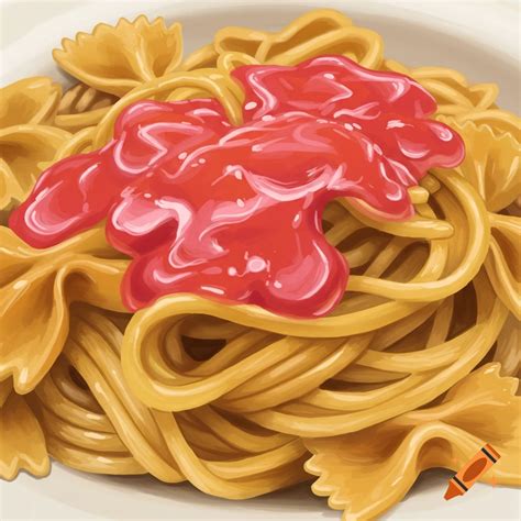 Bow-tie pasta and spaghetti with red sauce. on Craiyon