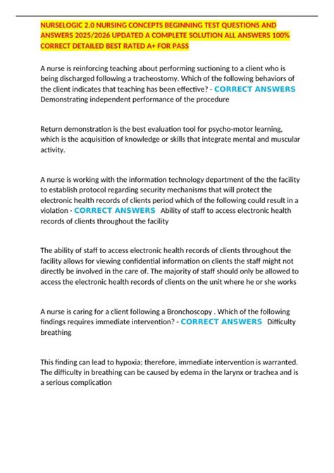 NURSELOGIC 2.0 NURSING CONCEPTS BEGINNING TEST QUESTIONS AND ANSWERS ...