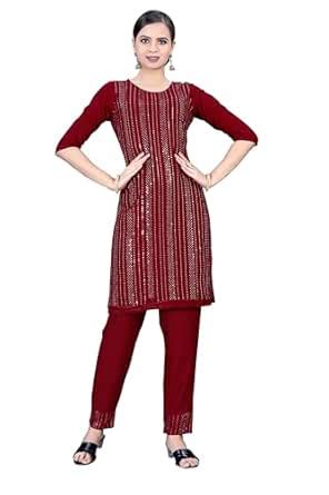 Buy Sky International Rayon Sequence Work Kurta Pant Set (L, Maroon) at ...