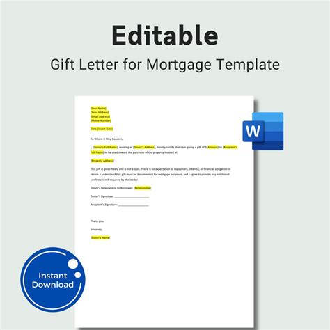 Editable Mortgage Gift Letter Template: Down Payment Loan Letter (word ...
