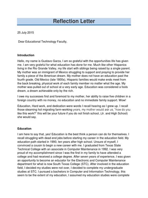 Image result for Reflection Letter Example