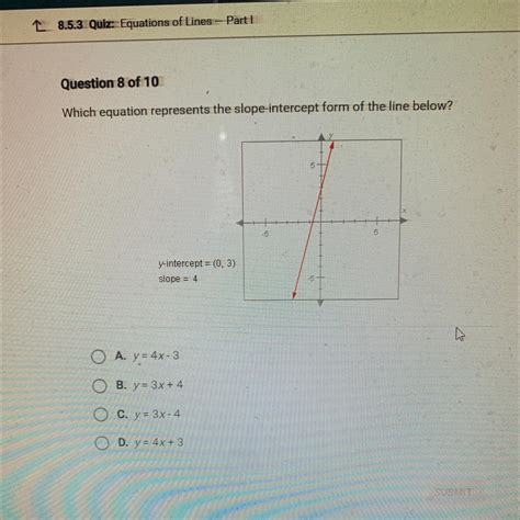 Question 8 of 10Which equation represents the slope-intercept form of ...