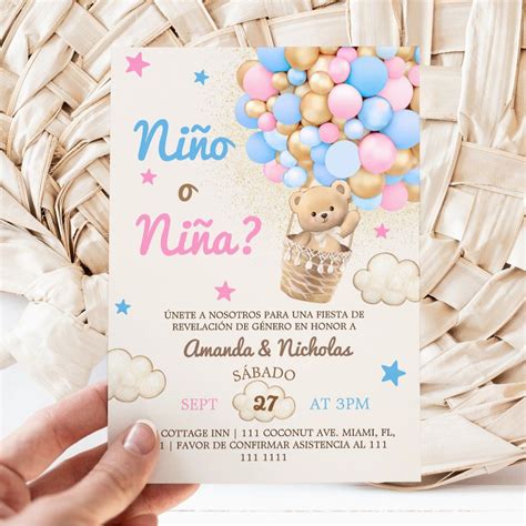 Spanish Nino o Nina Bear Balloon Gender Reveal Invitation | Zazzle ...