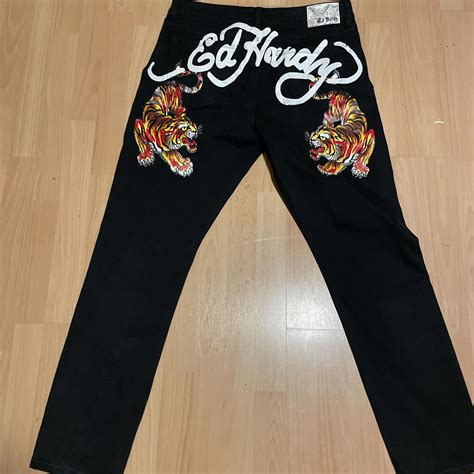 size 36 black ed hardy pants with dope ass tiger... - Depop