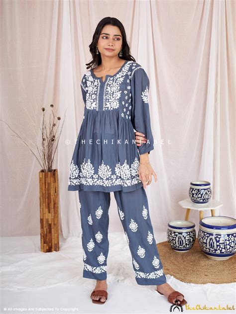 Rosa Modal Chikankari Short Kurta Set-Grey|The Chikan Label